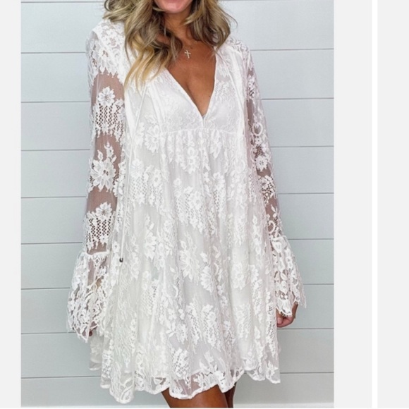 Free People Aurelia Lace Mini Dress Bell Sleeves Babydoll Small - Picture 5 of 9